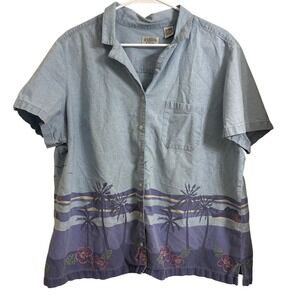 Classic Elements Woman Chambray Hawaiian Shirt 16/18W Palm Tree Floral Button Up